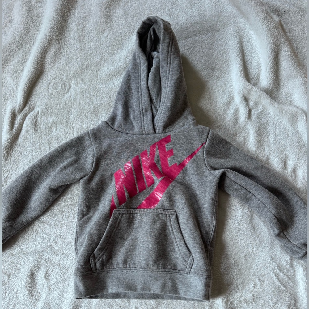 Nike Kids Gray Hoodie with Hot Pink Swoosh Logo
